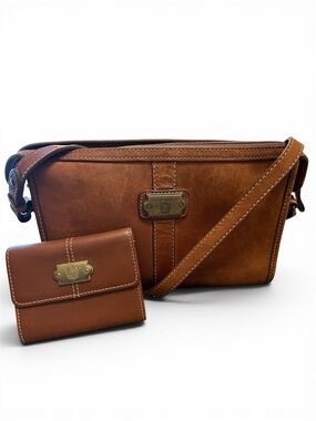 Liz Claiborne RARE Vintage Structured Calvary Cognac Leather Crossbody & Wallet